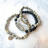 Camila Onyx and Dalmatian Jasper Geode Leopard Set of 3 Beaded Bracelets